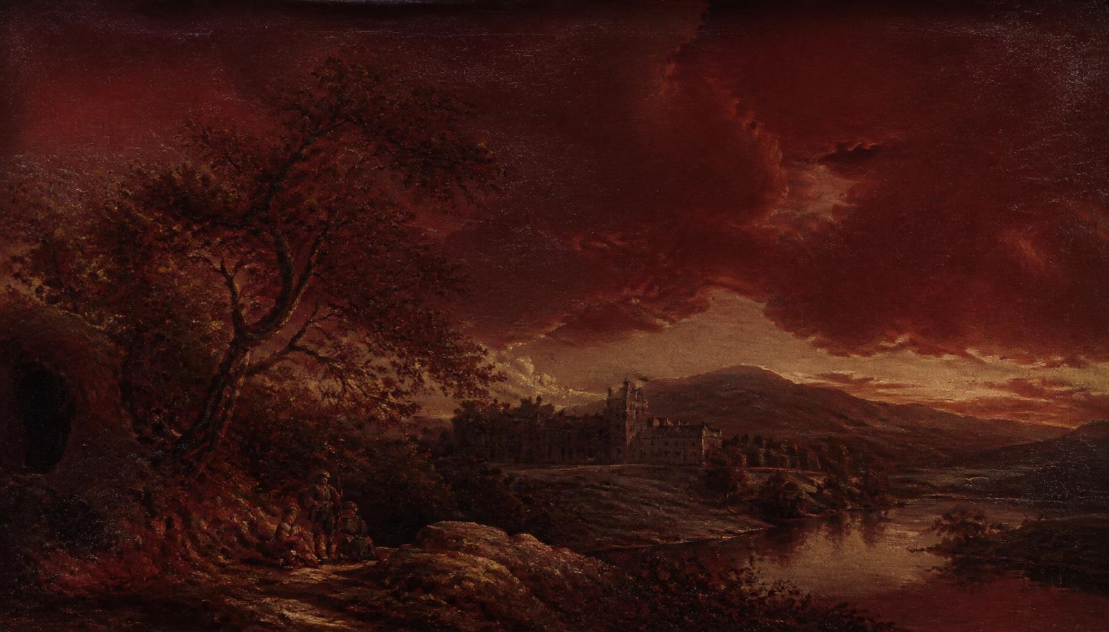 Antique old-master landscape in deep wine tones